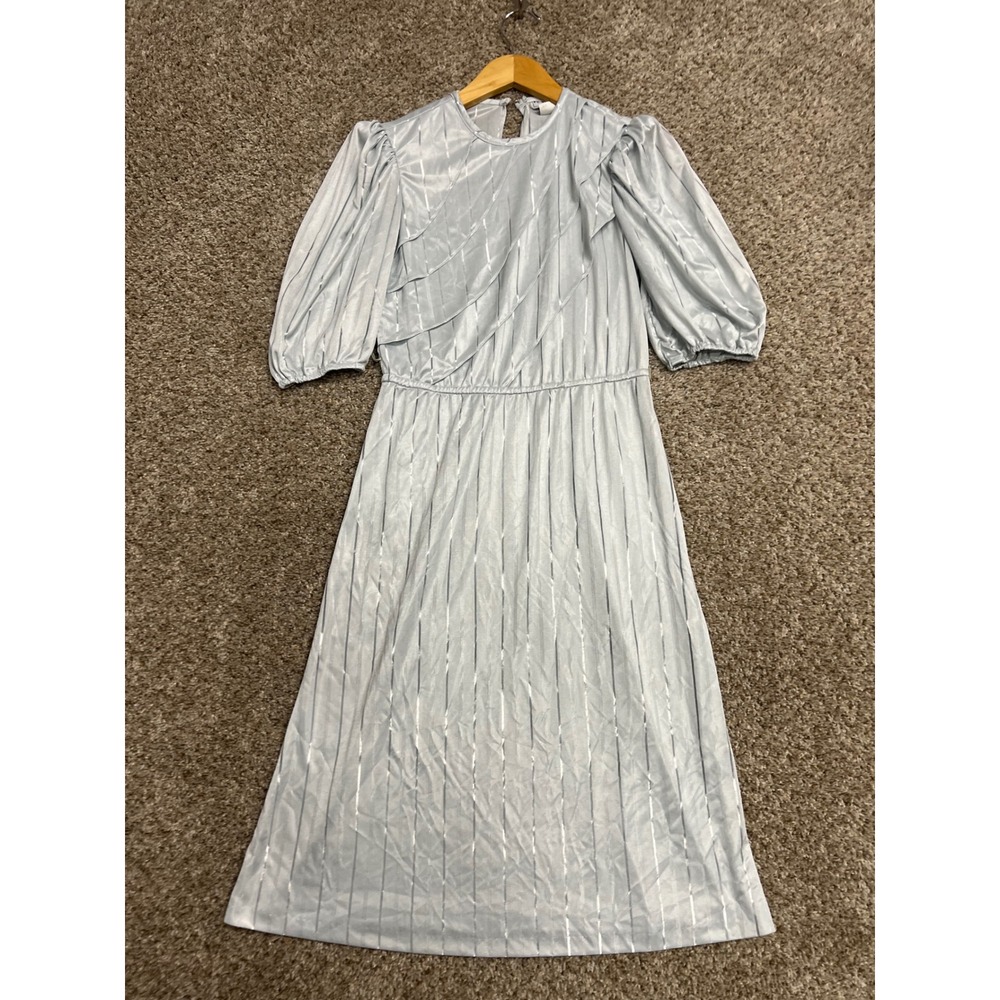 Vintage Pea Patch New York Blue Metallic Stripe Ruffle Midi Dress Puff Sleeve 8